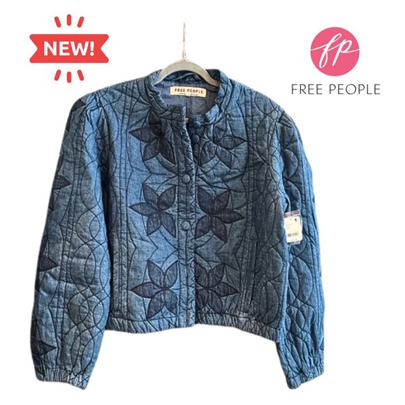 NEW FREE PEOPLE Stars Jacket Blue Quinn Boho Style Puffy Soft Quilted Jacket - Picture 4 of 11